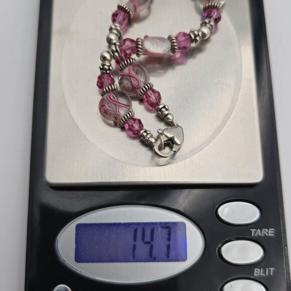 7 Inch Sterling Silver Breast Cancer Glass Charms Bracelet B488 - Picture 5 of 5